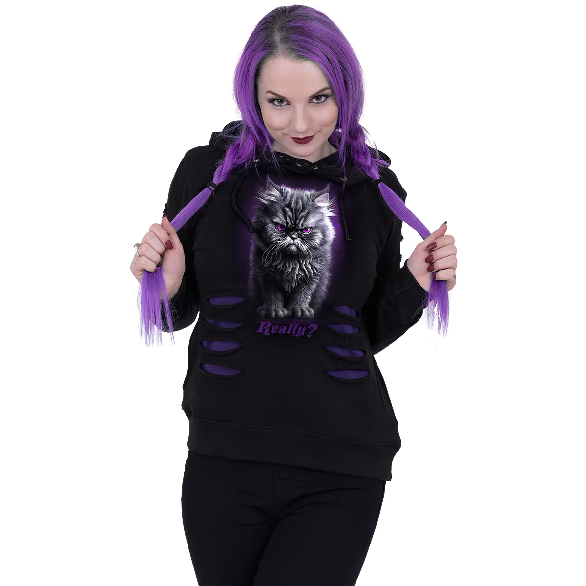ANGER MANAGEMENT - Large Hood Ripped Hoody Purple-Black - Image 3