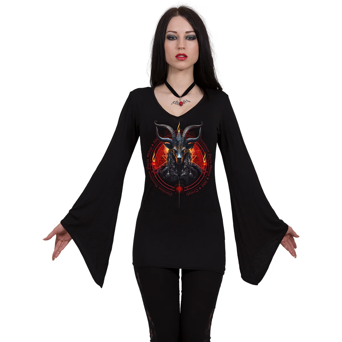 BAPHOMET - V Neck Goth Sleeve Top Black - Image 2