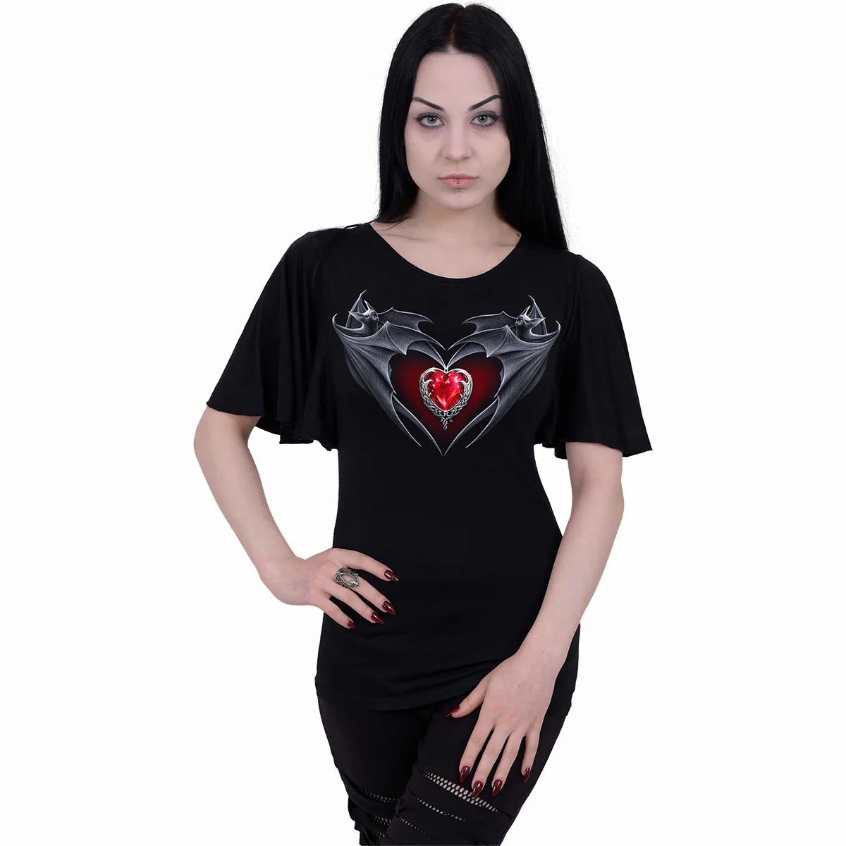 BAT'S HEART - Boat Neck Bat Sleeve Top Black - Image 2