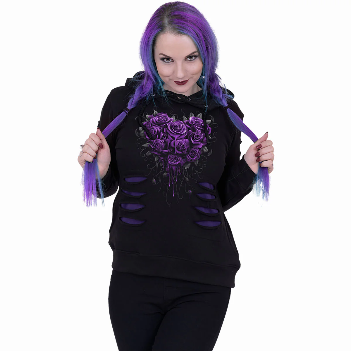 BLEEDING HEART - Large Hood Ripped Hoody Purple-Black - Image 2
