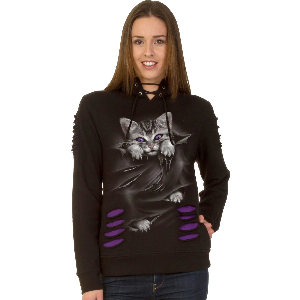 BRIGHT EYES - Large Hood Ripped Hoody Purple-Black - Image 3