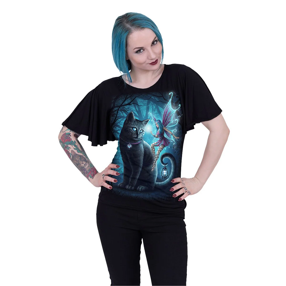 CAT AND FAIRY - Boat Neck Bat Sleeve Top Black - Image 2