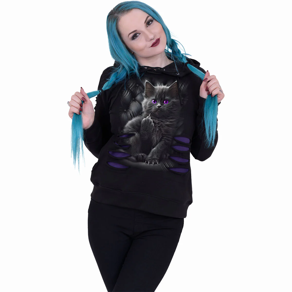 CATTITUDE - Large Hood Ripped Hoody Purple-Black - Image 3