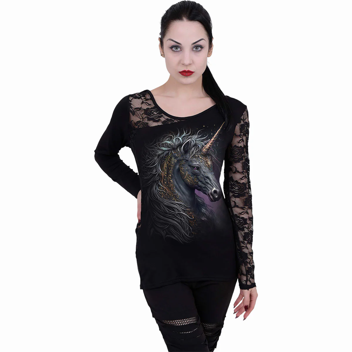 CELTIC UNICORN - Lace One Shoulder Top Black - Image 2