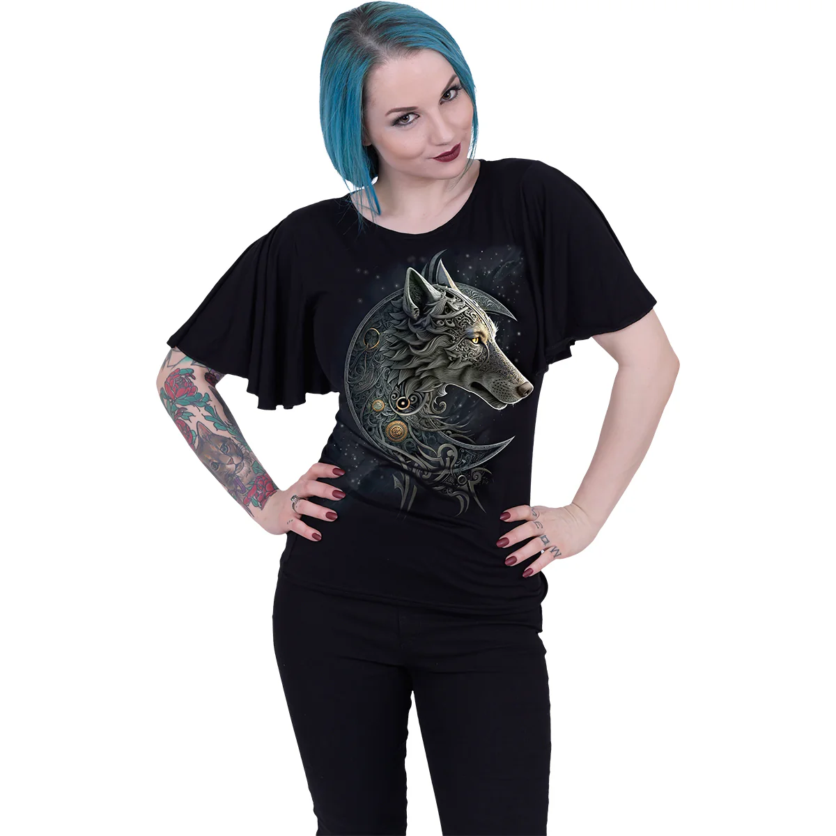 CELTIC WOLF - Boat Neck Bat Sleeve Top Black - Image 2