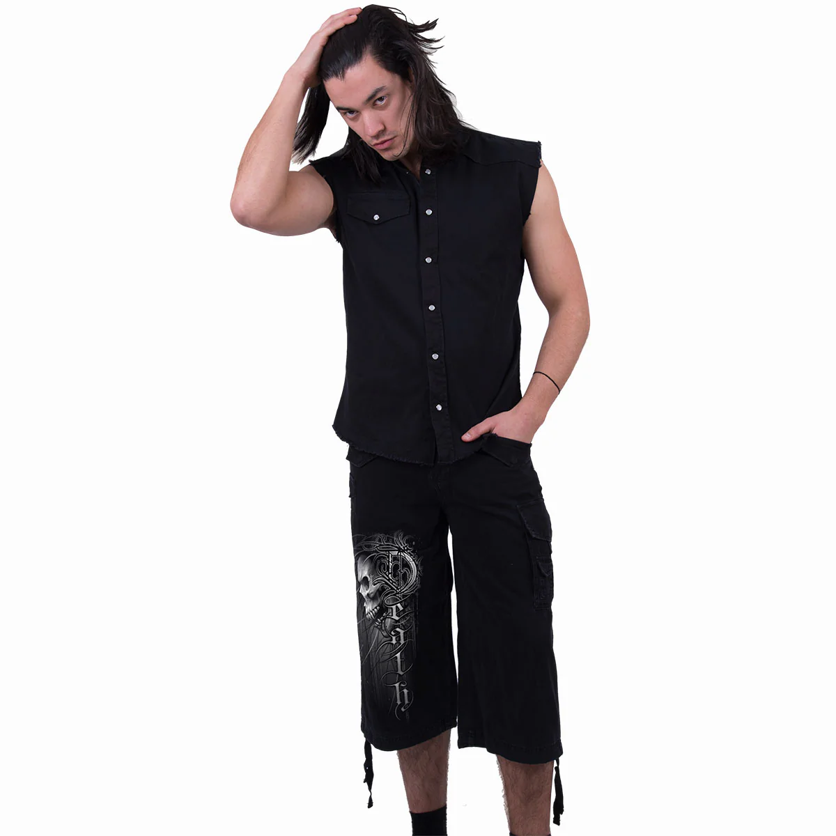 DEATH FOREVER - Vintage Cargo Shorts 3/4 Long Black - Image 3