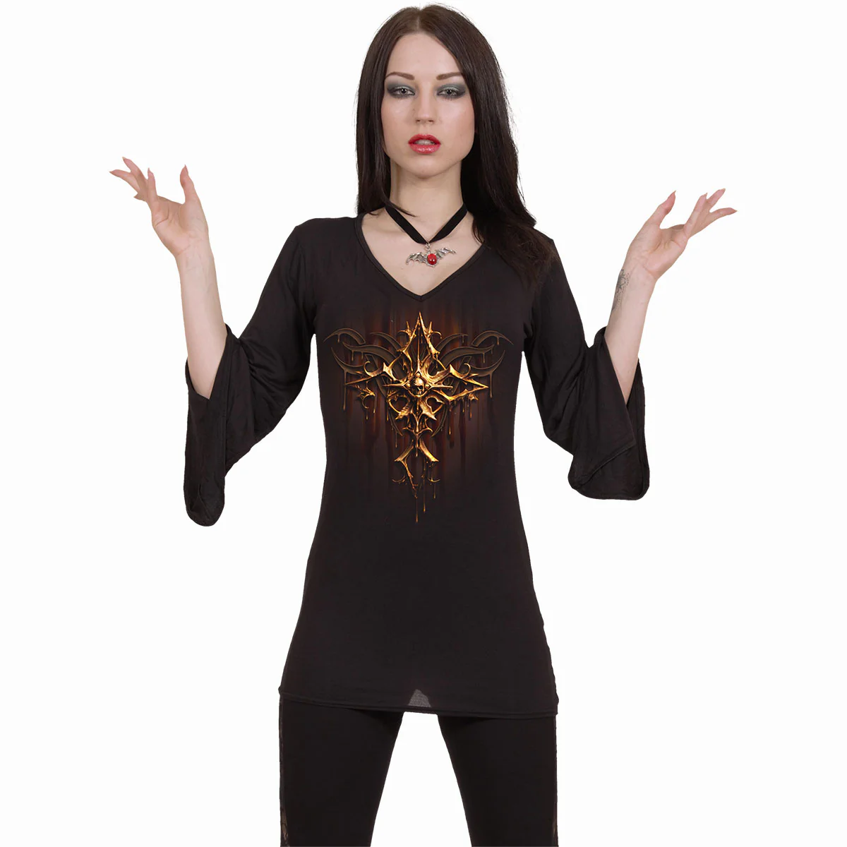 DRIPPING GOLD - V Neck Goth Sleeve Top Black - Image 2