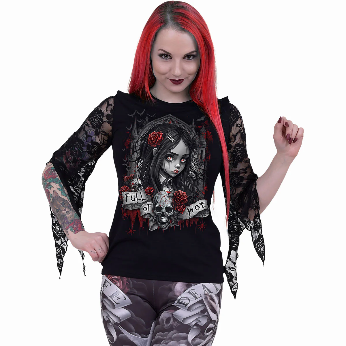 FULL OF WOE - Rose Lace Sleeve Top - Image 2