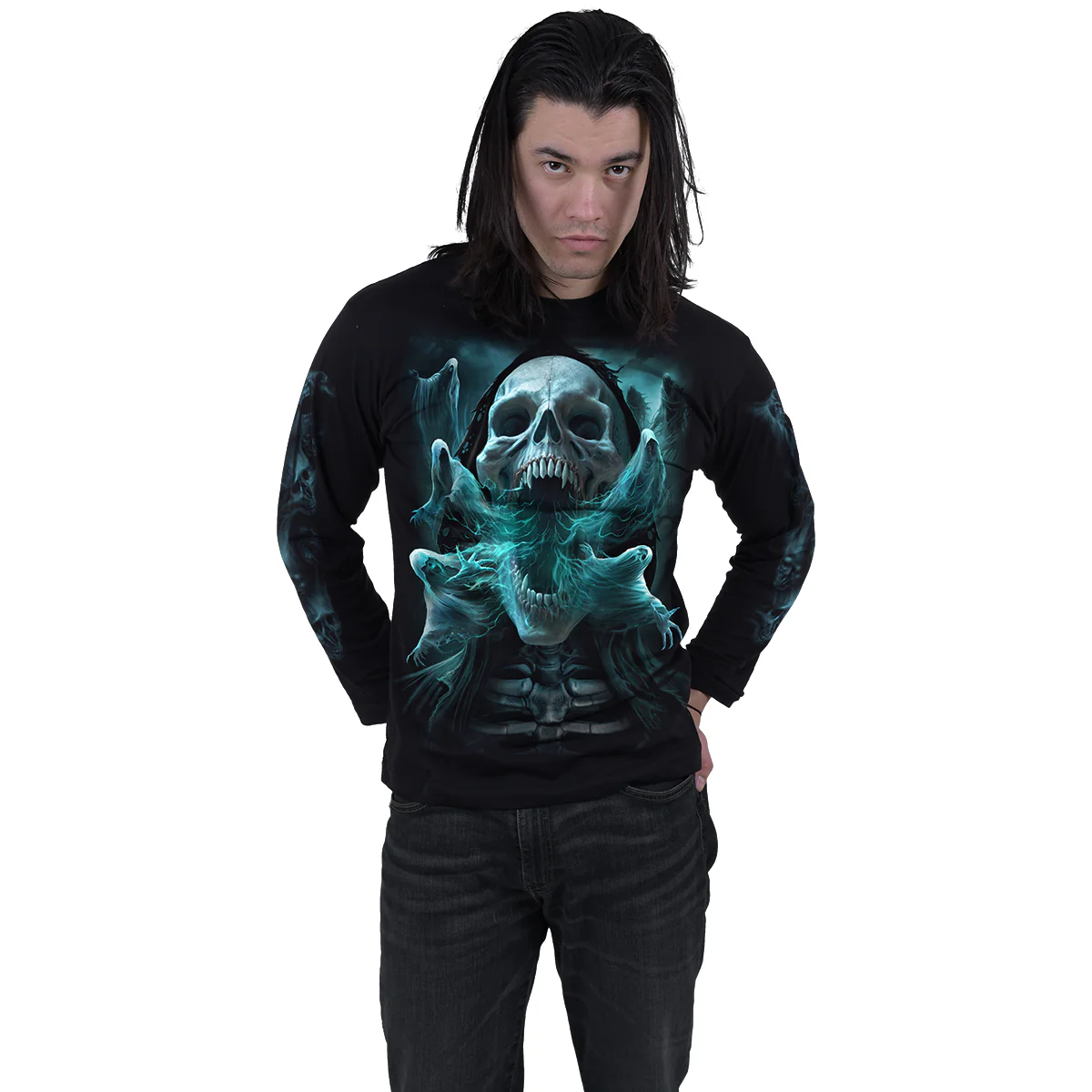 GHOST SKULL - Longsleeve T-Shirt Black - Image 3