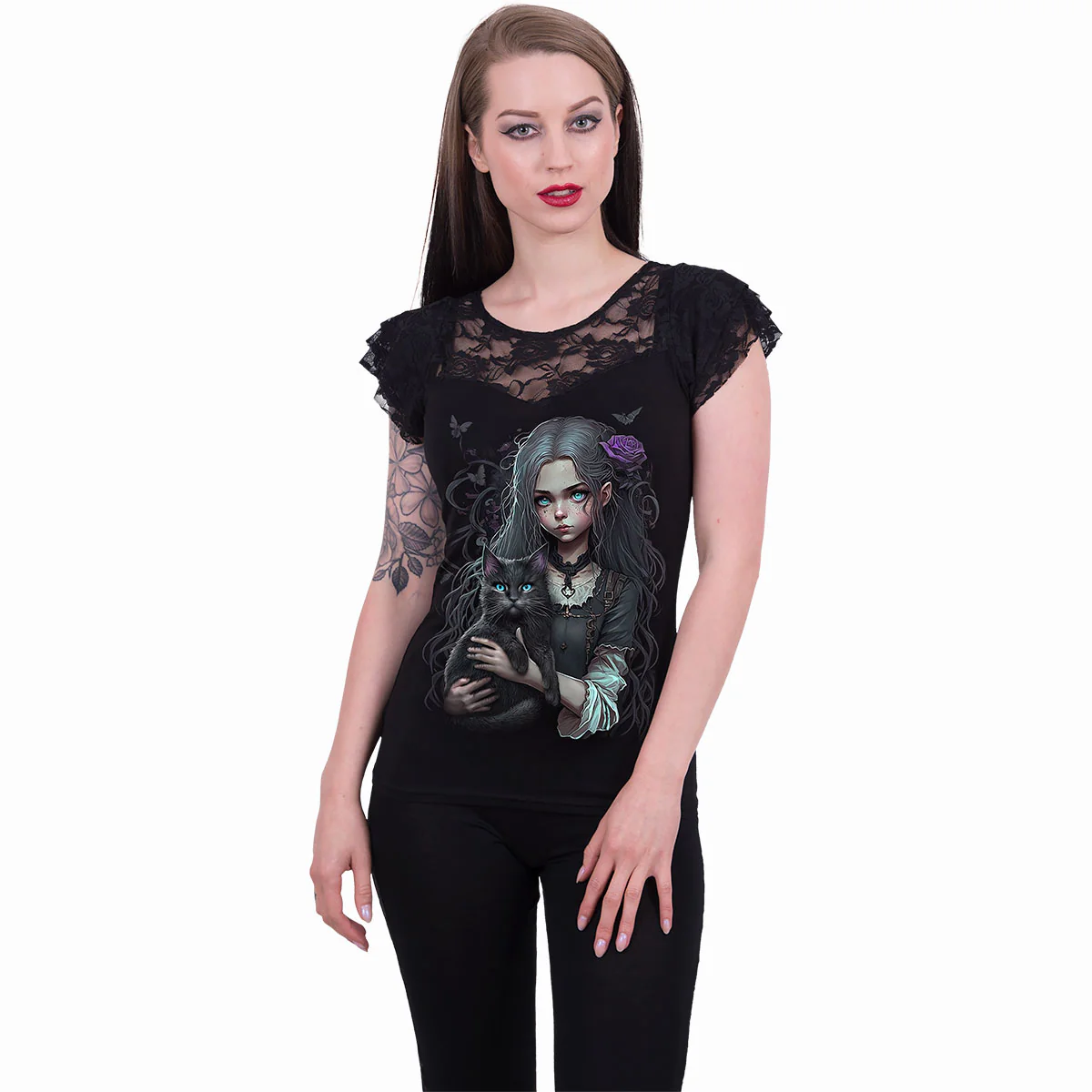 GOTH FAMILIAR - Lace Layered Cap Sleeve Top Black - Image 2