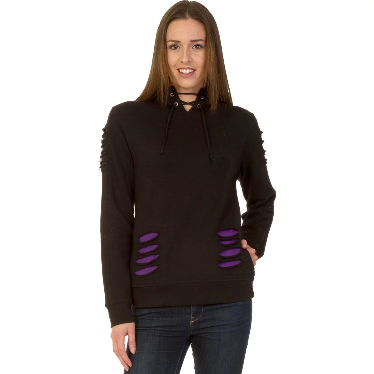 GOTHIC ROCK - Large Hood Ripped Hoody Purple-Black - Image 3