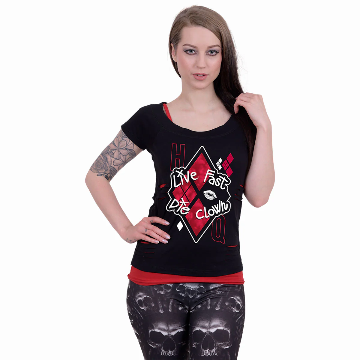 HARLEY QUINN - DIE CLOWN - 2in1 Red Ripped Top Black - Image 2