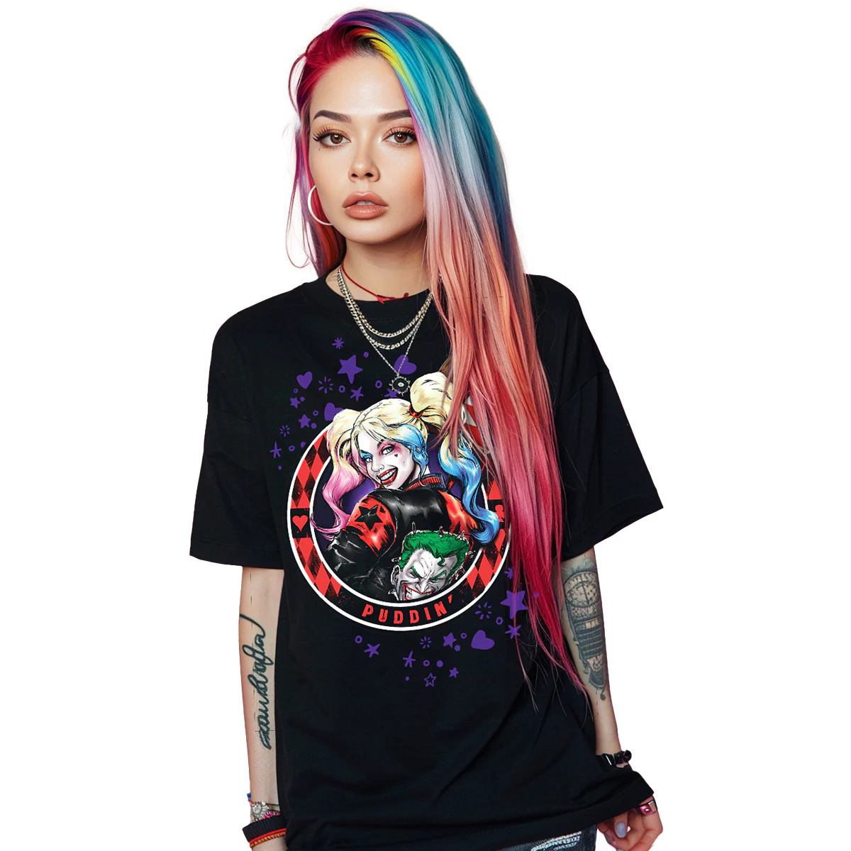 HARLEY QUINN - PUDDIN' - Front Print T-Shirt Black - Image 2