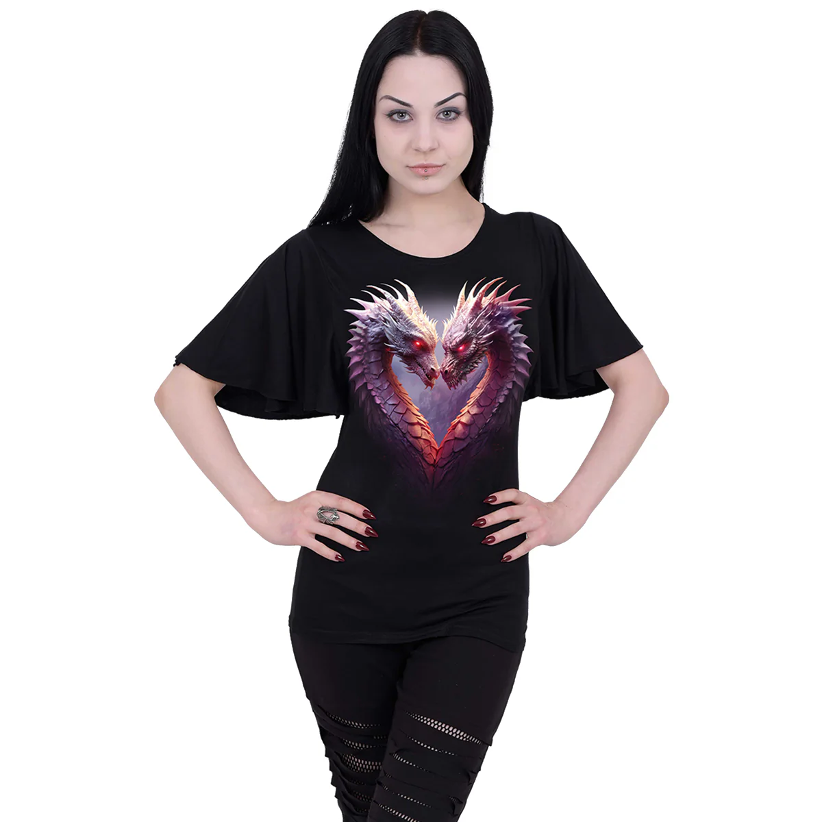 HEART OF DRAGONS - Boat Neck Bat Sleeve Top Black - Image 2