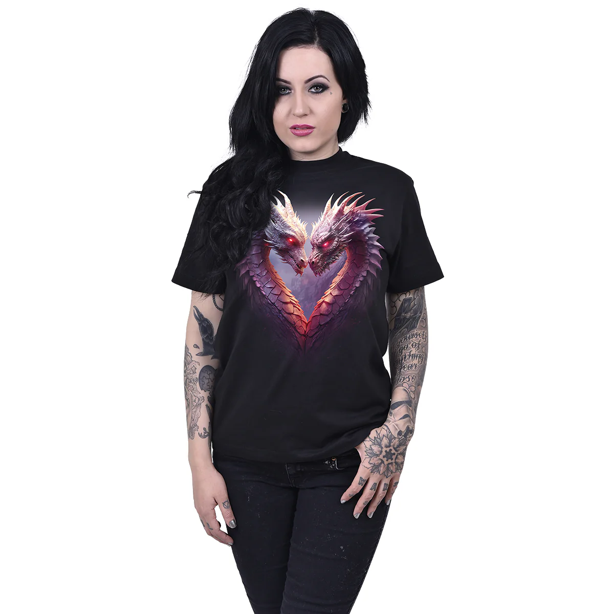 HEART OF DRAGONS - Front Print T-Shirt Black - Image 2