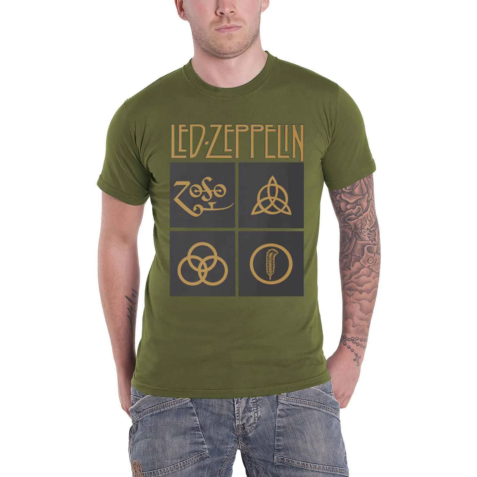 LED ZEPPELIN - GOLD SYMBOLS IN BLACK SQUARE - T-Shirt Green - Image 2