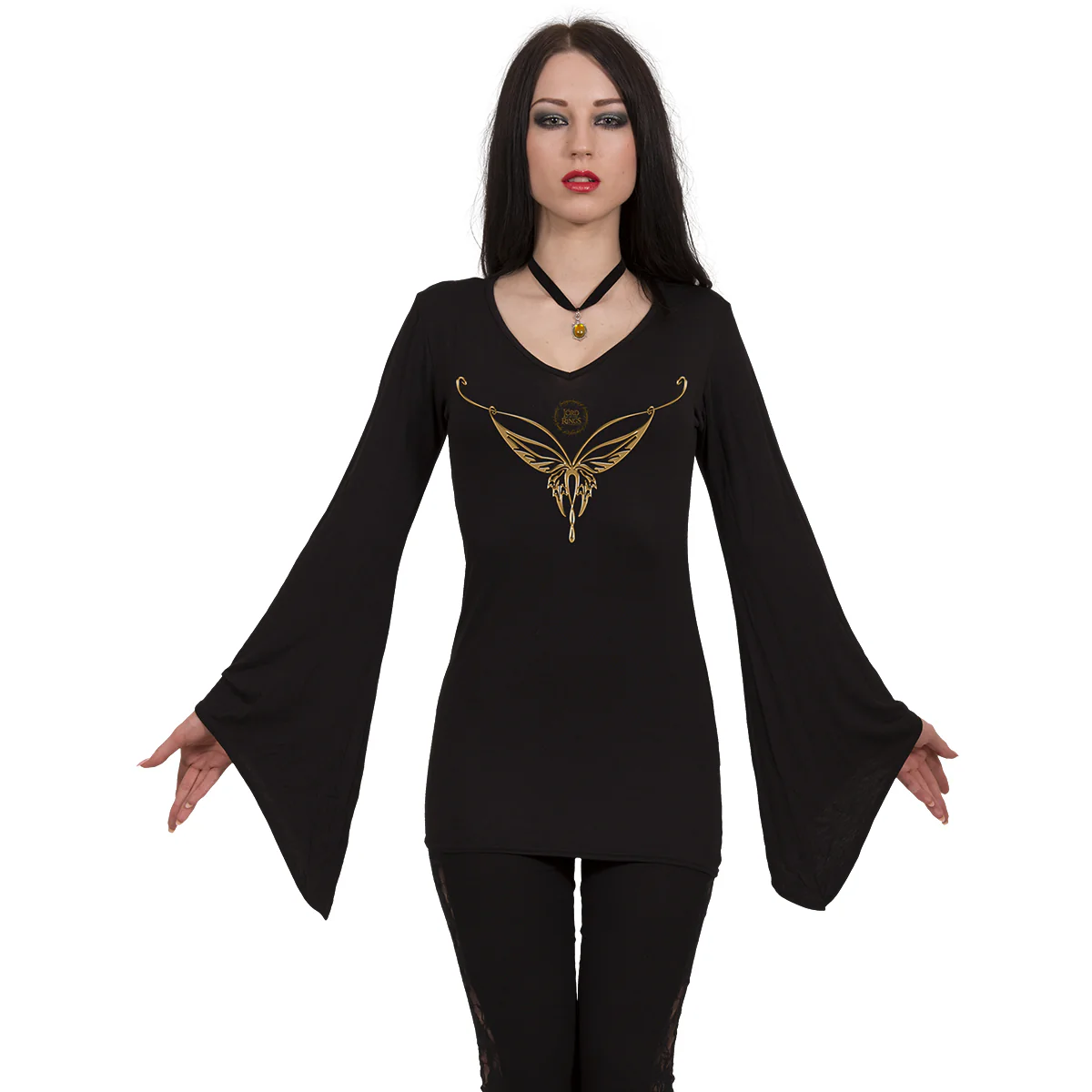 LOTR - ELVEN NECKLACE - V Neck Goth Sleeve Top Black - Image 2