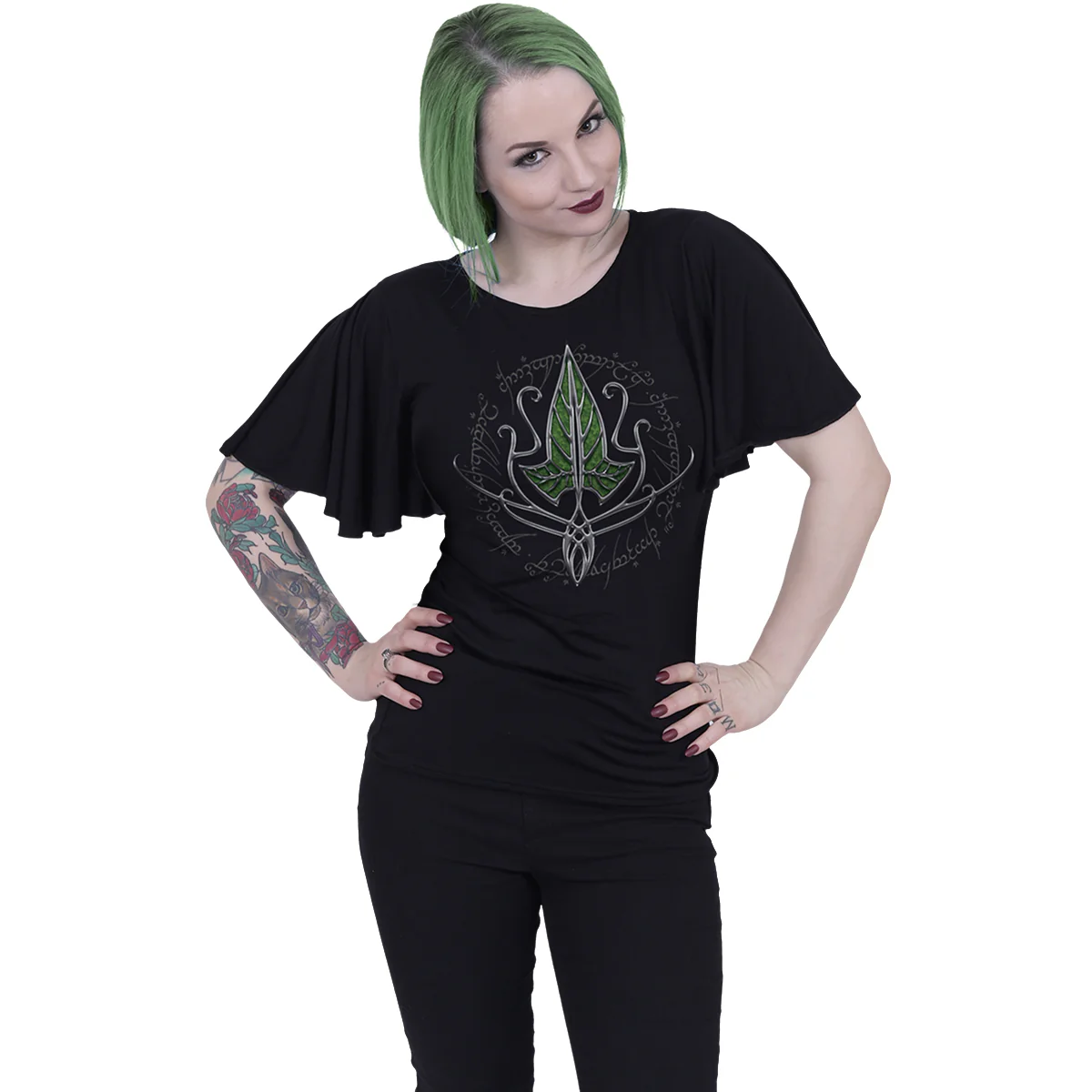 LOTR - FRODO LEAF - Boat Neck Bat Sleeve Top Black - Image 2