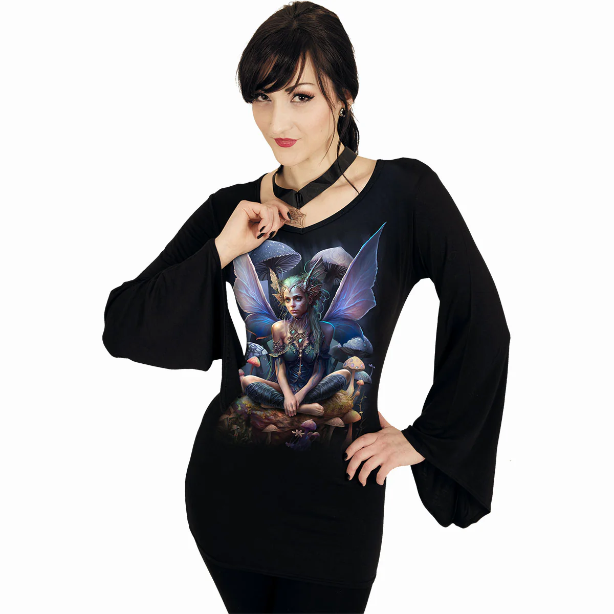 MAGICAL - V Neck Goth Sleeve Top Black - Image 2