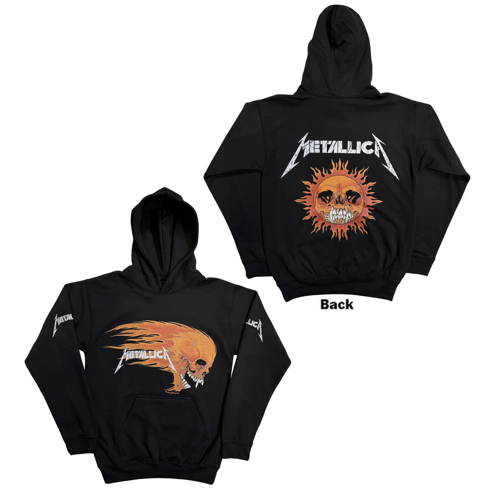 METALLICA - WORN PUSHEAD FLAMING SKULL - Pullover Hoodie Black (Back Print)
