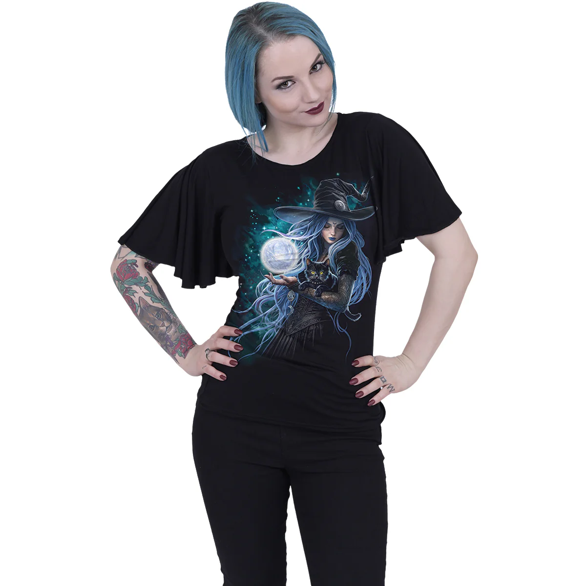 MYSTIC MOON - Boat Neck Bat Sleeve Top Black - Image 2