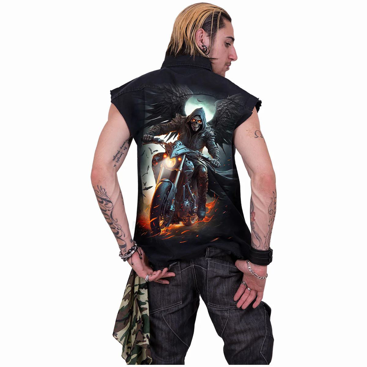 NIGHT RIDER - Sleeveless Stone Washed Worker Black - Image 3