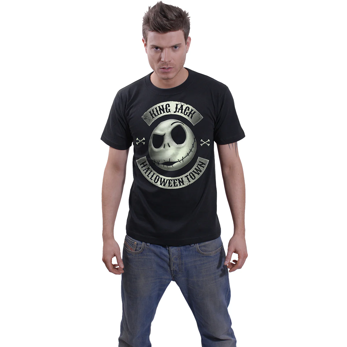 NIGHTMARE BEFORE XMAS -JACK CREST (GLOW) - Front Print T-Shirt Black - Image 3