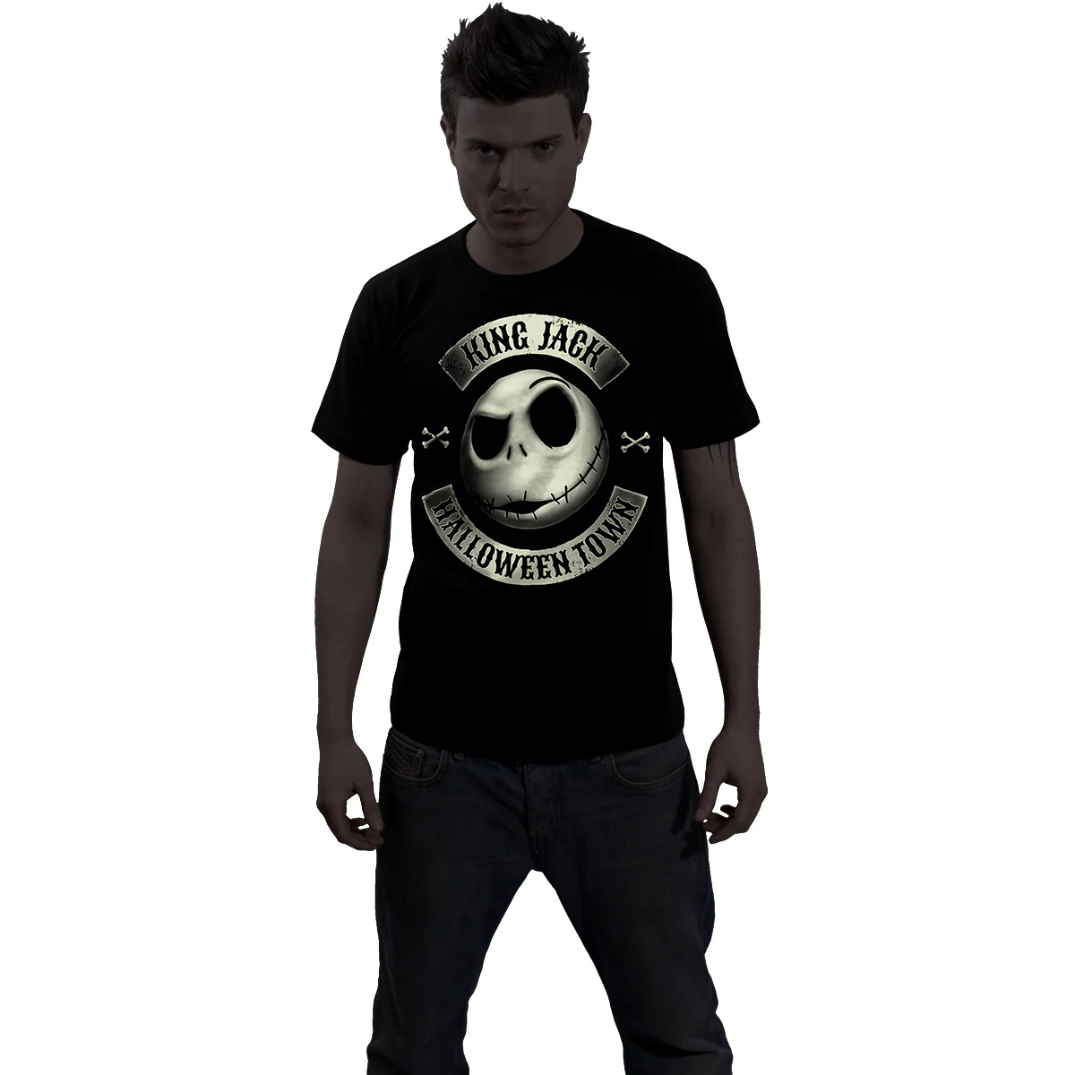 NIGHTMARE BEFORE XMAS -JACK CREST (GLOW) - Front Print T-Shirt Black - Image 4