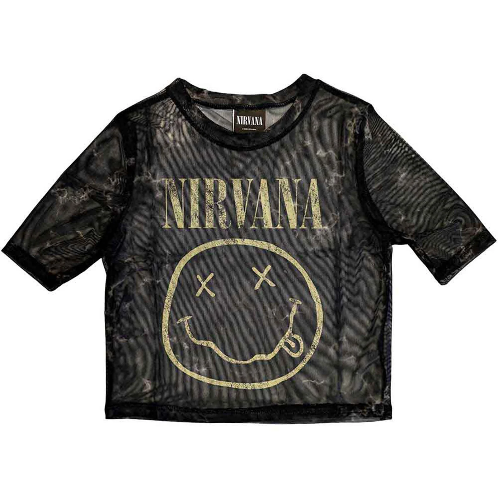 NIRVANA - YELLOW HAPPY FACE - Crop Top Black (Mesh)