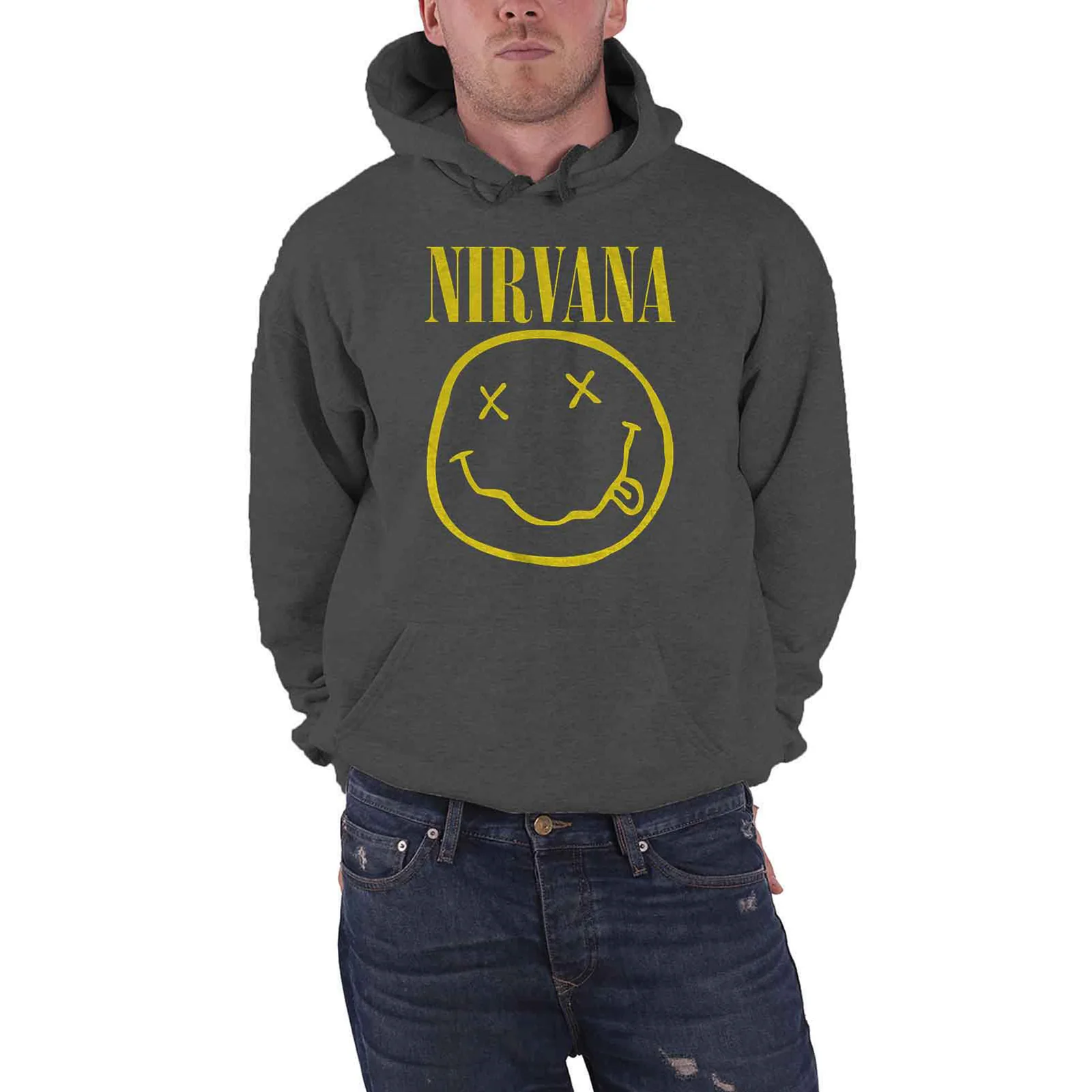 NIRVANA - YELLOW HAPPY FACE - Pullover Hoodie Grey - Image 2