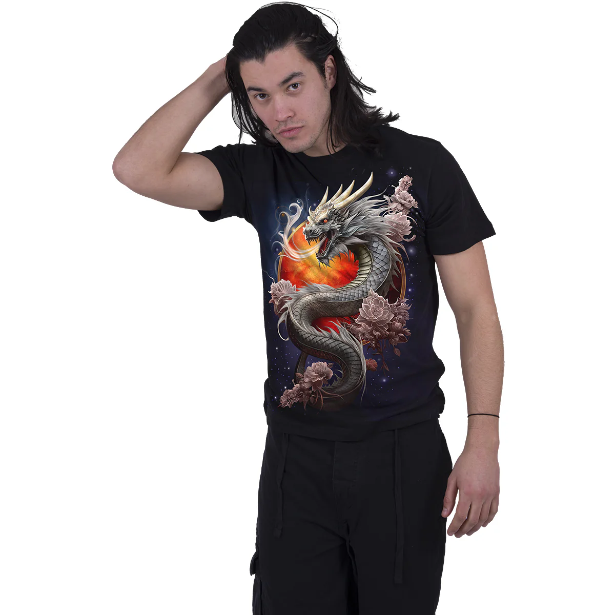 SUN DRAGON - Front Print T-Shirt Black - Image 2