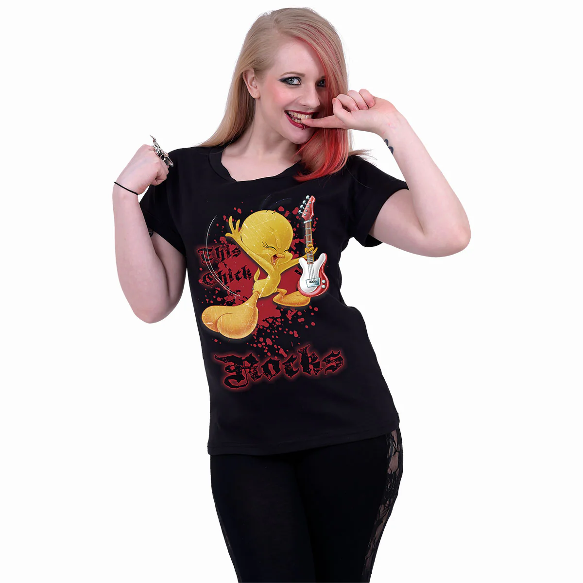 TWEETY - THIS CHICK ROCKS - Boatneck Cap Sleeve Top Black - Image 2