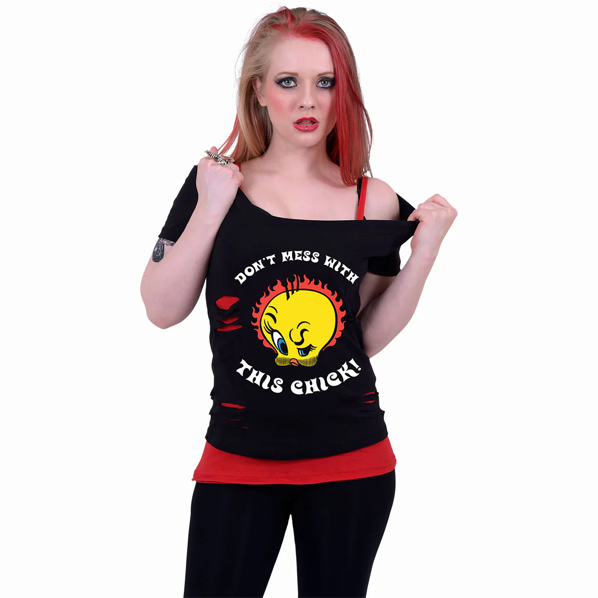 TWEETY - TOUGH CHICK - 2in1 Red Ripped Top Black - Image 2