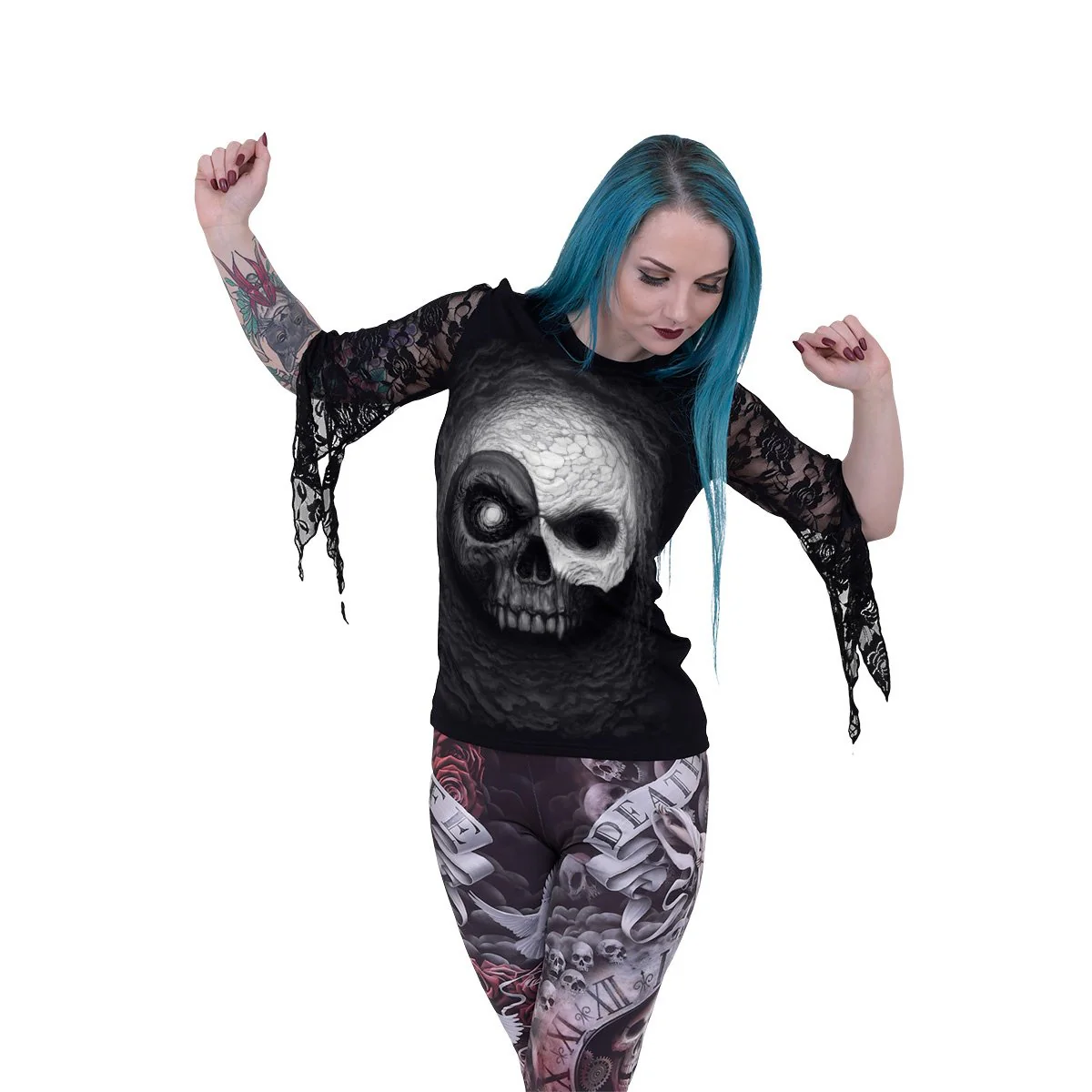 YIN YANG SKULLS - Rose Lace Sleeve Top - Image 2